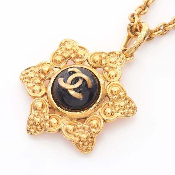 CHANEL Jewelry - Chanel Coco Mark Necklace, Gold Plated with Faux Pearls, Women's, and Black